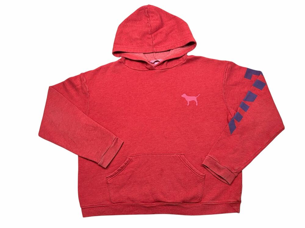 Victoria’s Secret Y2K PINK Hoodie Womens L Red Pink Dog Logo Spellout Pullover